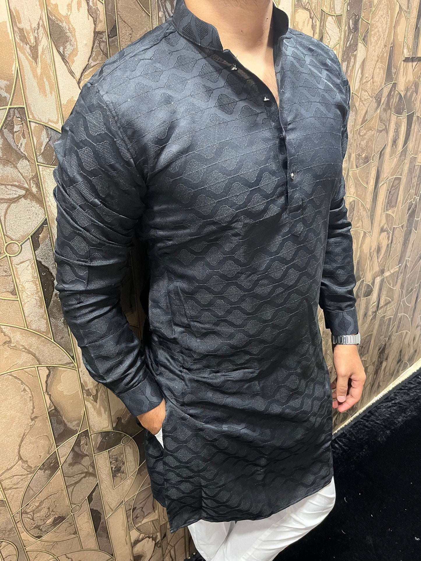 Men’s Cotton Black Kurta – Subtle Thread Work for Festive Wear - A9