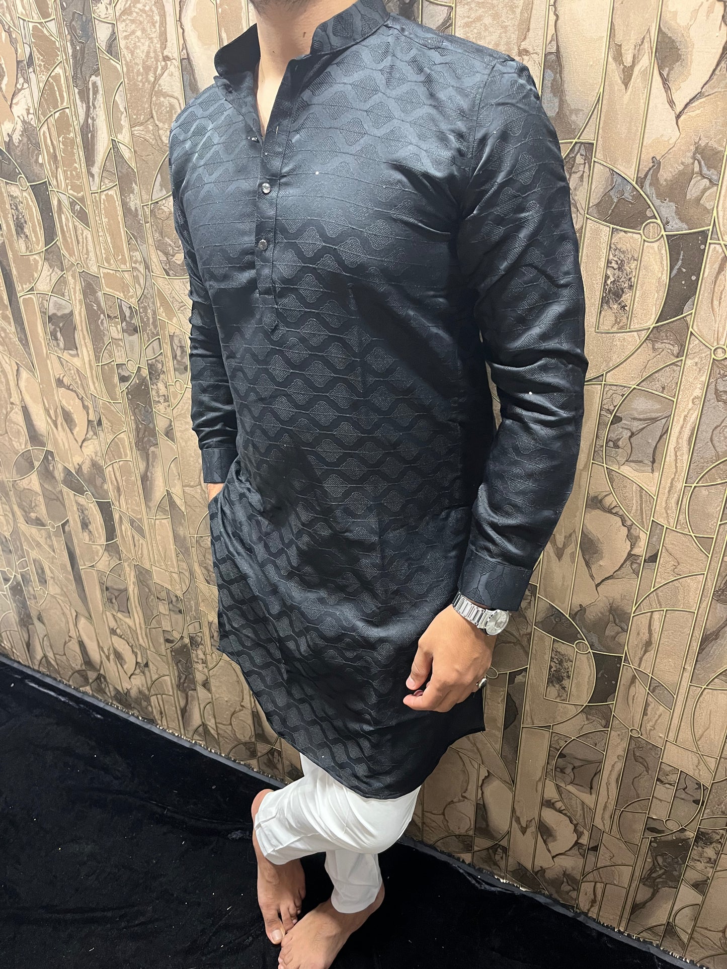 Men’s Cotton Black Kurta – Subtle Thread Work for Festive Wear - A9