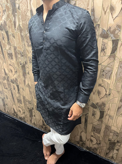 Men’s Cotton Black Kurta – Subtle Thread Work for Festive Wear - A9