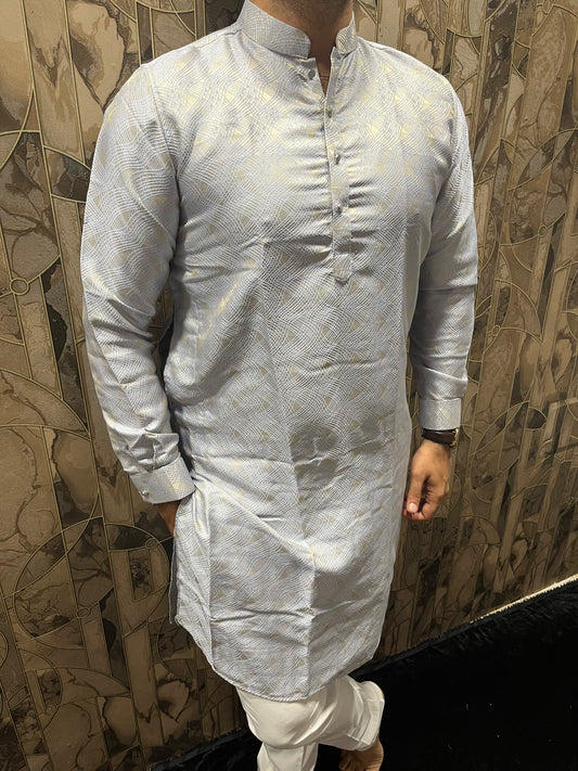 Men’s Cotton Sky Blue Kurta – Subtle Golden Thread Work for Festive Wear - A10