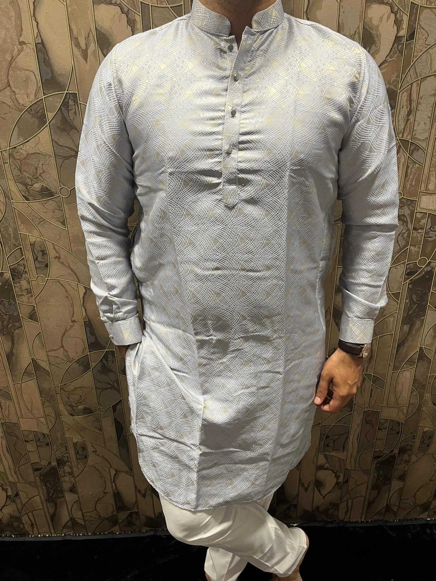 Men’s Cotton Sky Blue Kurta – Subtle Golden Thread Work for Festive Wear - A10