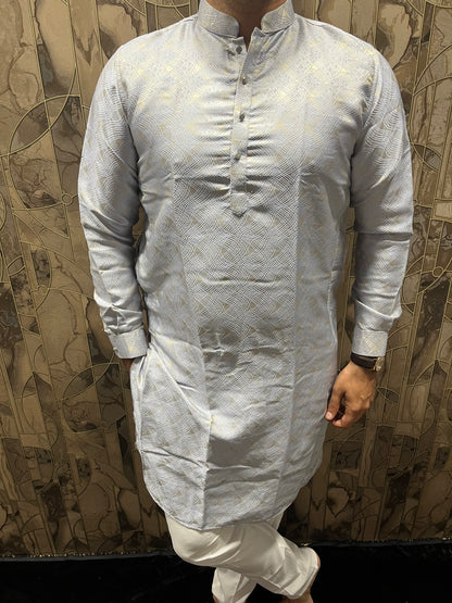 Men’s Cotton Sky Blue Kurta – Subtle Golden Thread Work for Festive Wear - A10