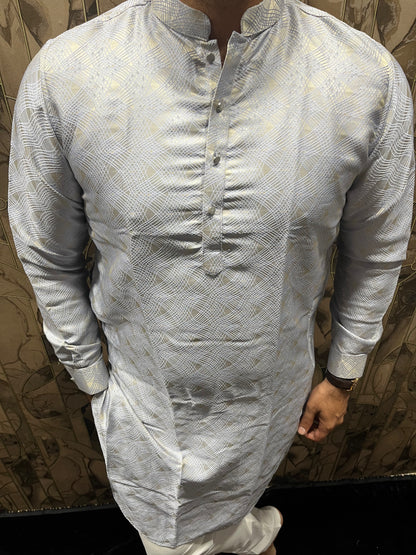 Men’s Cotton Sky Blue Kurta – Subtle Golden Thread Work for Festive Wear - A10