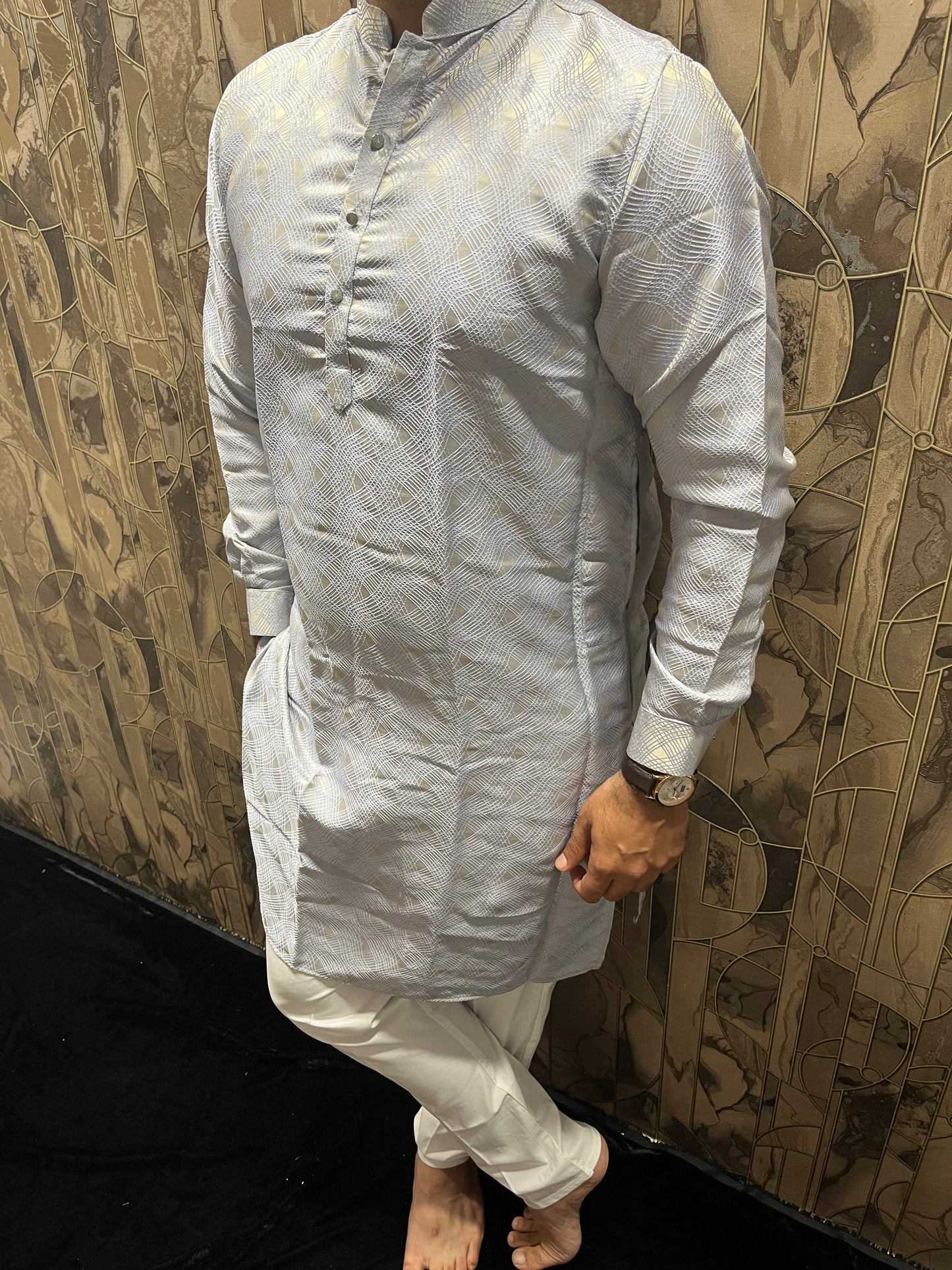 Men’s Cotton Sky Blue Kurta – Subtle Golden Thread Work for Festive Wear - A10