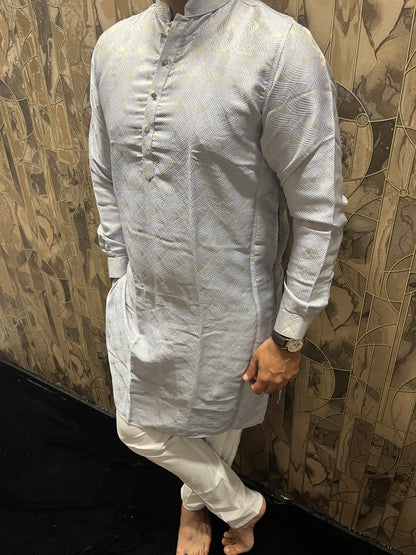 Men’s Cotton Sky Blue Kurta – Subtle Golden Thread Work for Festive Wear - A10