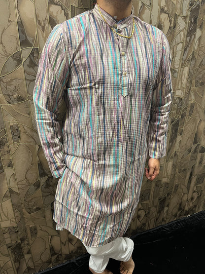 Men’s Cotton Kurta – Minimal Gold Print in Multicolor Design A18