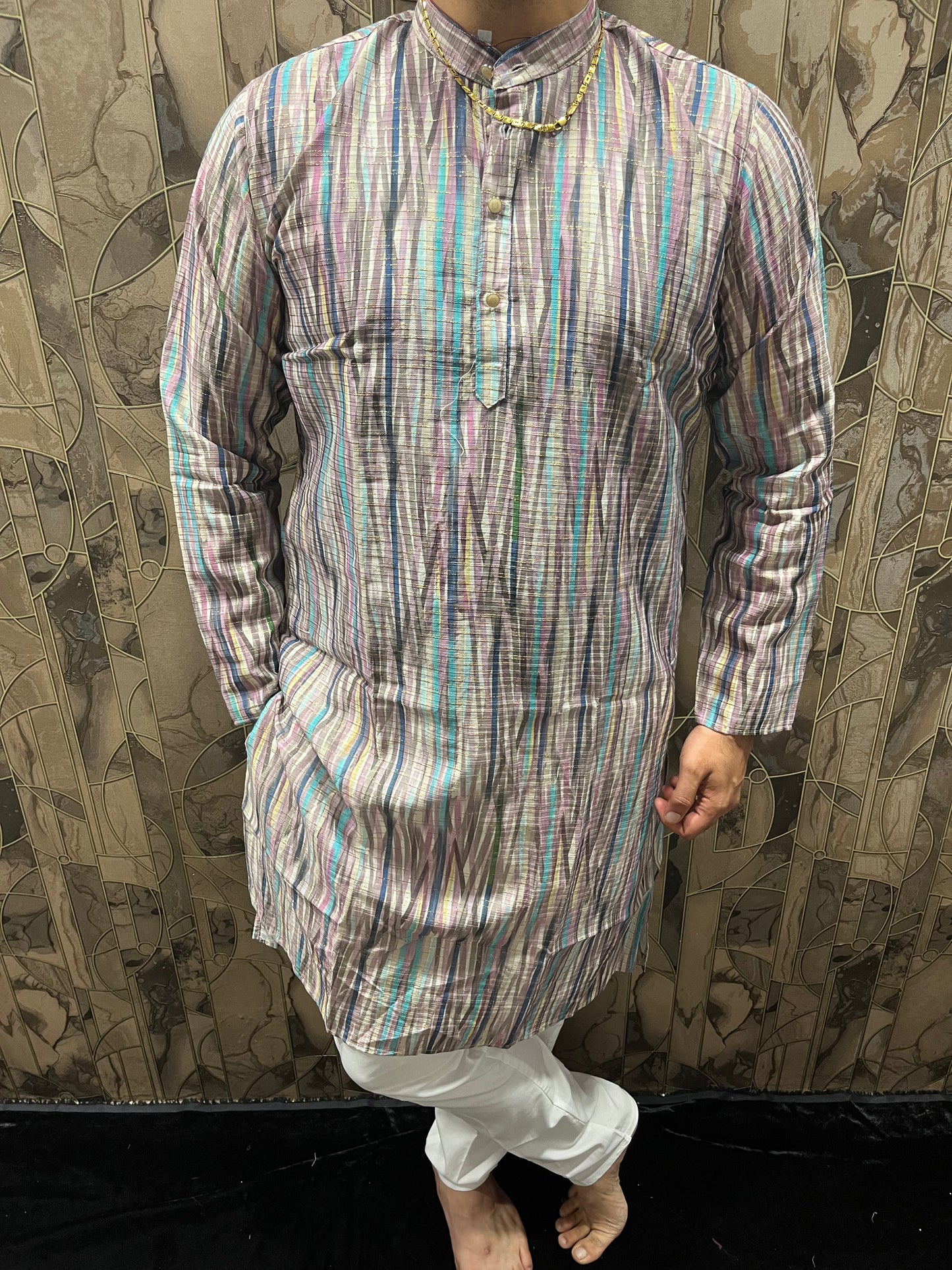 Men’s Cotton Kurta – Minimal Gold Print in Multicolor Design A18