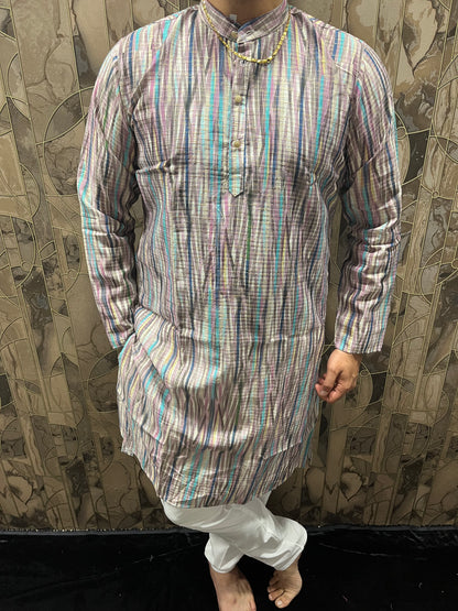 Men’s Cotton Kurta – Minimal Gold Print in Multicolor Design A18