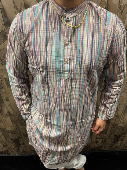 Men’s Cotton Kurta – Minimal Gold Print in Multicolor Design A18