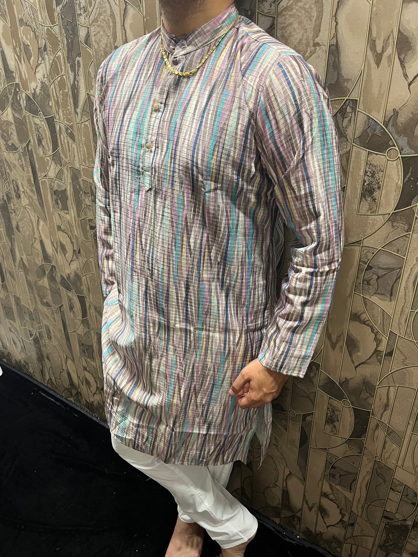 Men’s Cotton Kurta – Minimal Gold Print in Multicolor Design A18