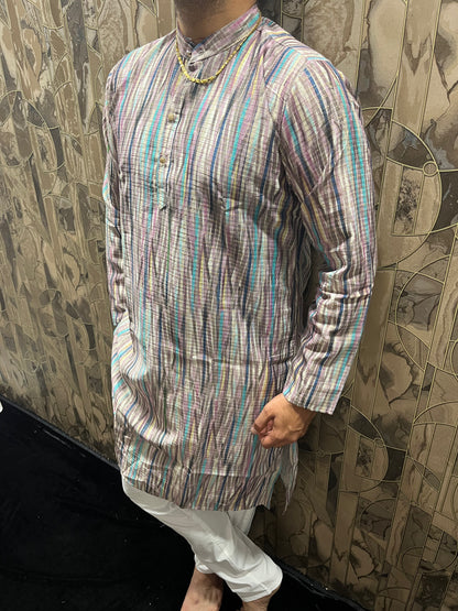 Men’s Cotton Kurta – Minimal Gold Print in Multicolor Design A18