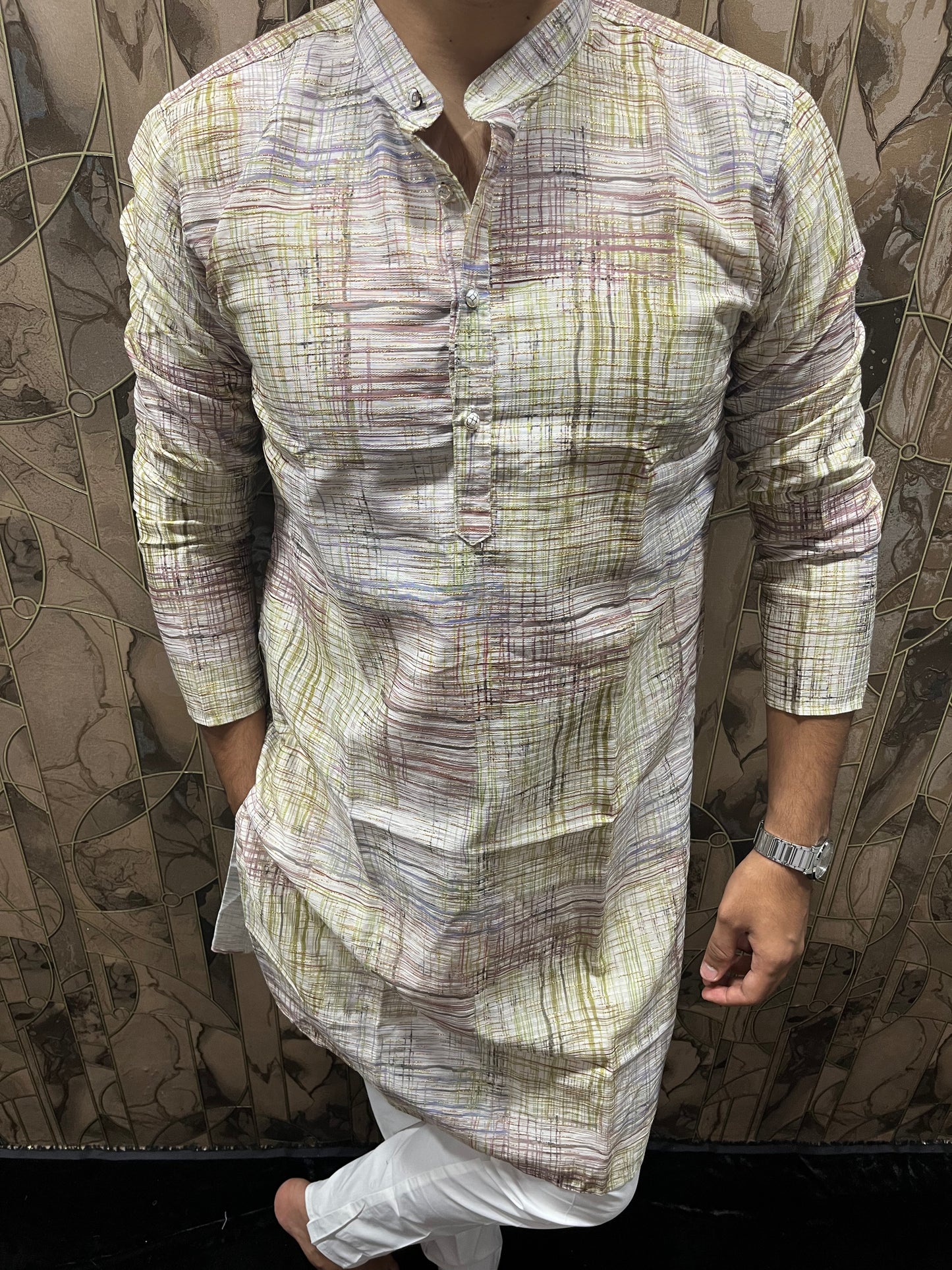 Men’s Cotton Kurta – Minimal Gold Print in Multicolor Design A18
