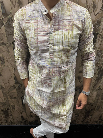 Men’s Cotton Kurta – Minimal Gold Print in Multicolor Design A18