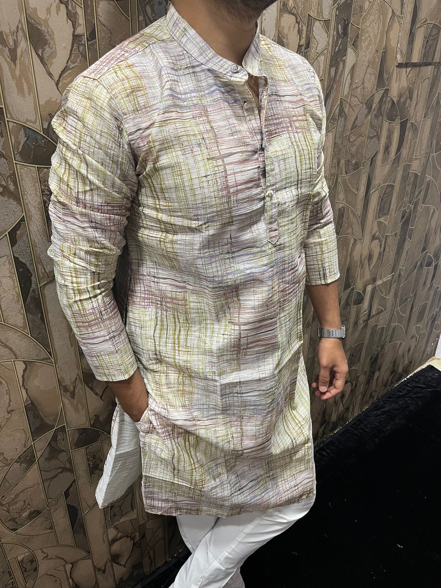 Men’s Cotton Kurta – Minimal Gold Print in Multicolor Design A18