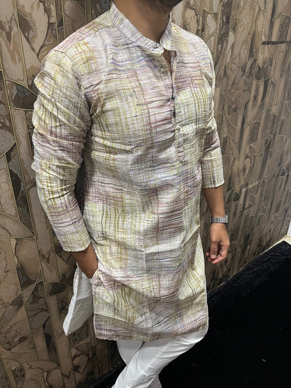 Men’s Cotton Kurta – Minimal Gold Print in Multicolor Design A18