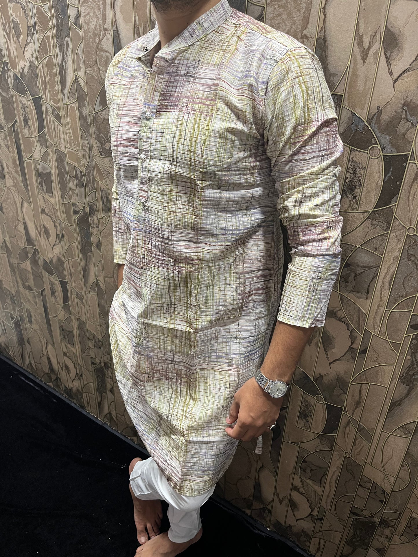 Men’s Cotton Kurta – Minimal Gold Print in Multicolor Design A18