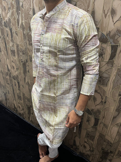 Men’s Cotton Kurta – Minimal Gold Print in Multicolor Design A18