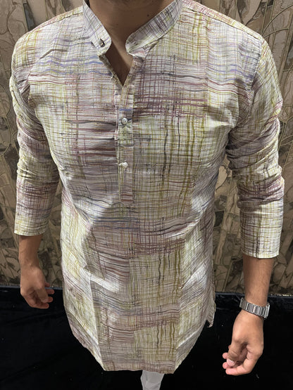 Men’s Cotton Kurta – Minimal Gold Print in Multicolor Design A18