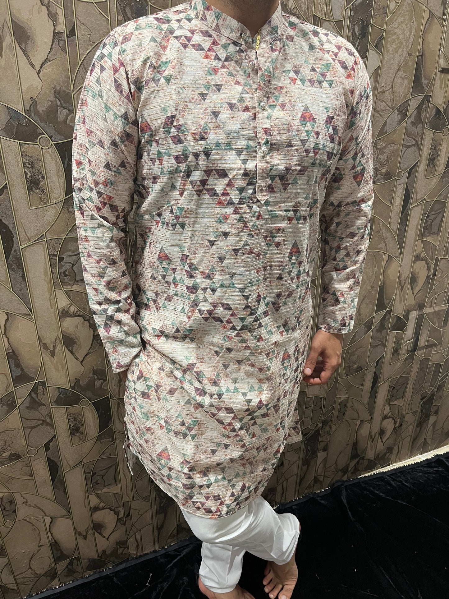 Men’s Cotton Kurta – Minimal Gold Print in Multicolor Design A18