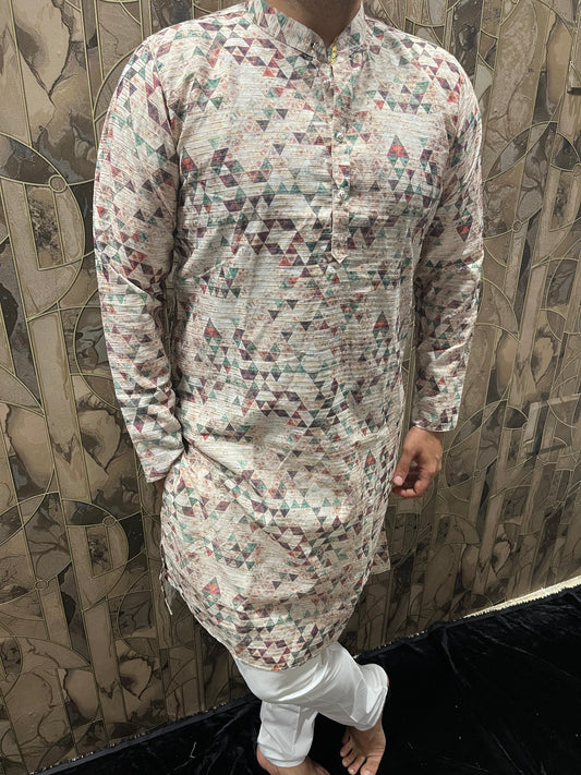 Men’s Cotton Kurta – Minimal Gold Print in Multicolor Design A18