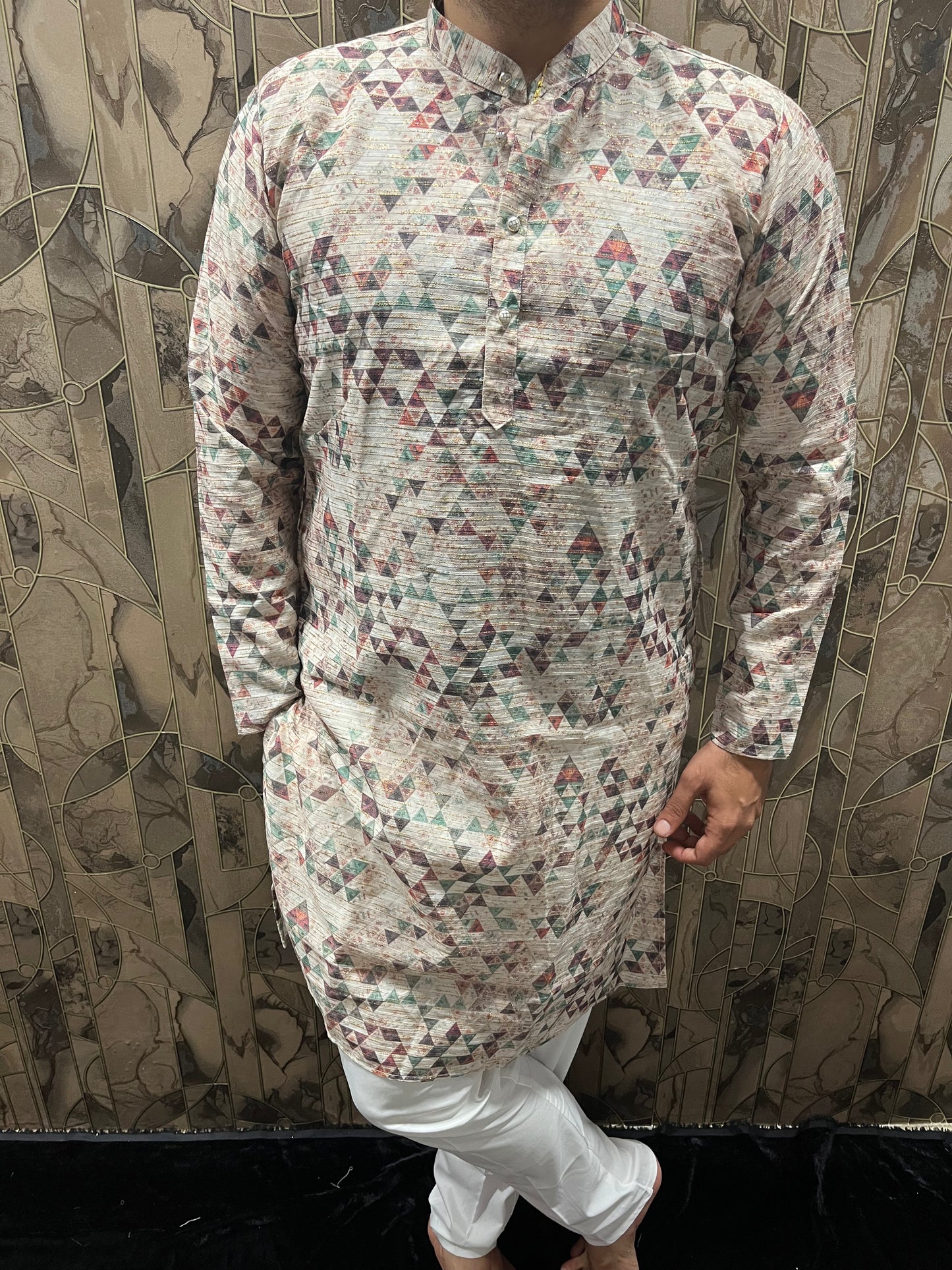 Men’s Cotton Kurta – Minimal Gold Print in Multicolor Design A18