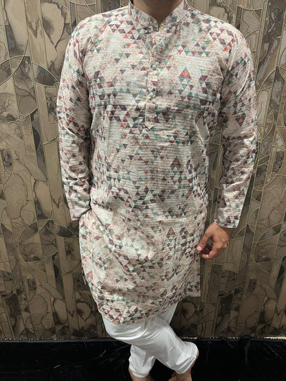 Men’s Cotton Kurta – Minimal Gold Print in Multicolor Design A18