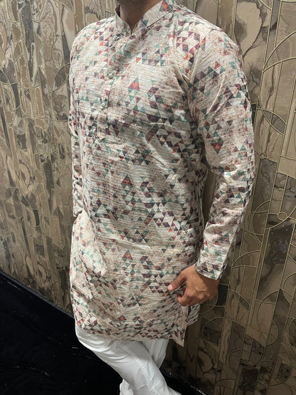 Men’s Cotton Kurta – Minimal Gold Print in Multicolor Design A18