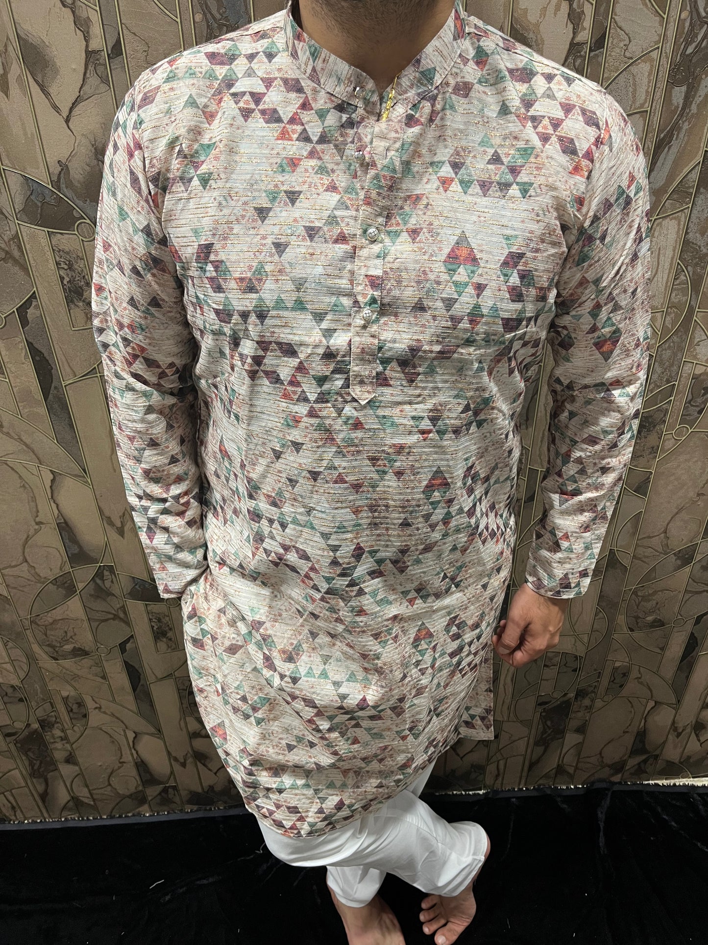 Men’s Cotton Kurta – Minimal Gold Print in Multicolor Design A18