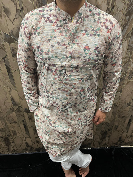 Men’s Cotton Kurta – Minimal Gold Print in Multicolor Design A18