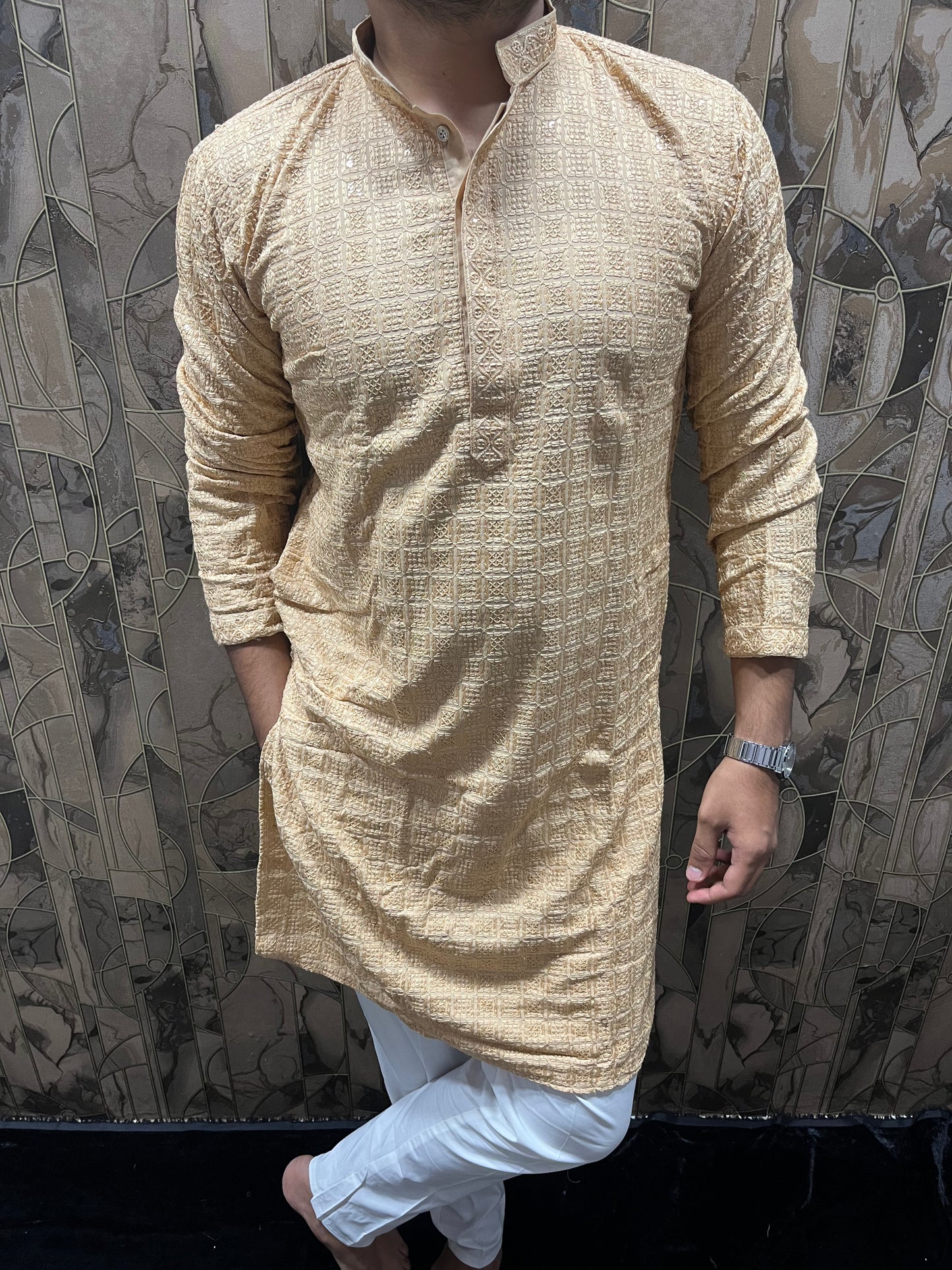 Men’s Chikan Skin Kurta – Elegant Sequence Work for Festive Wear A19