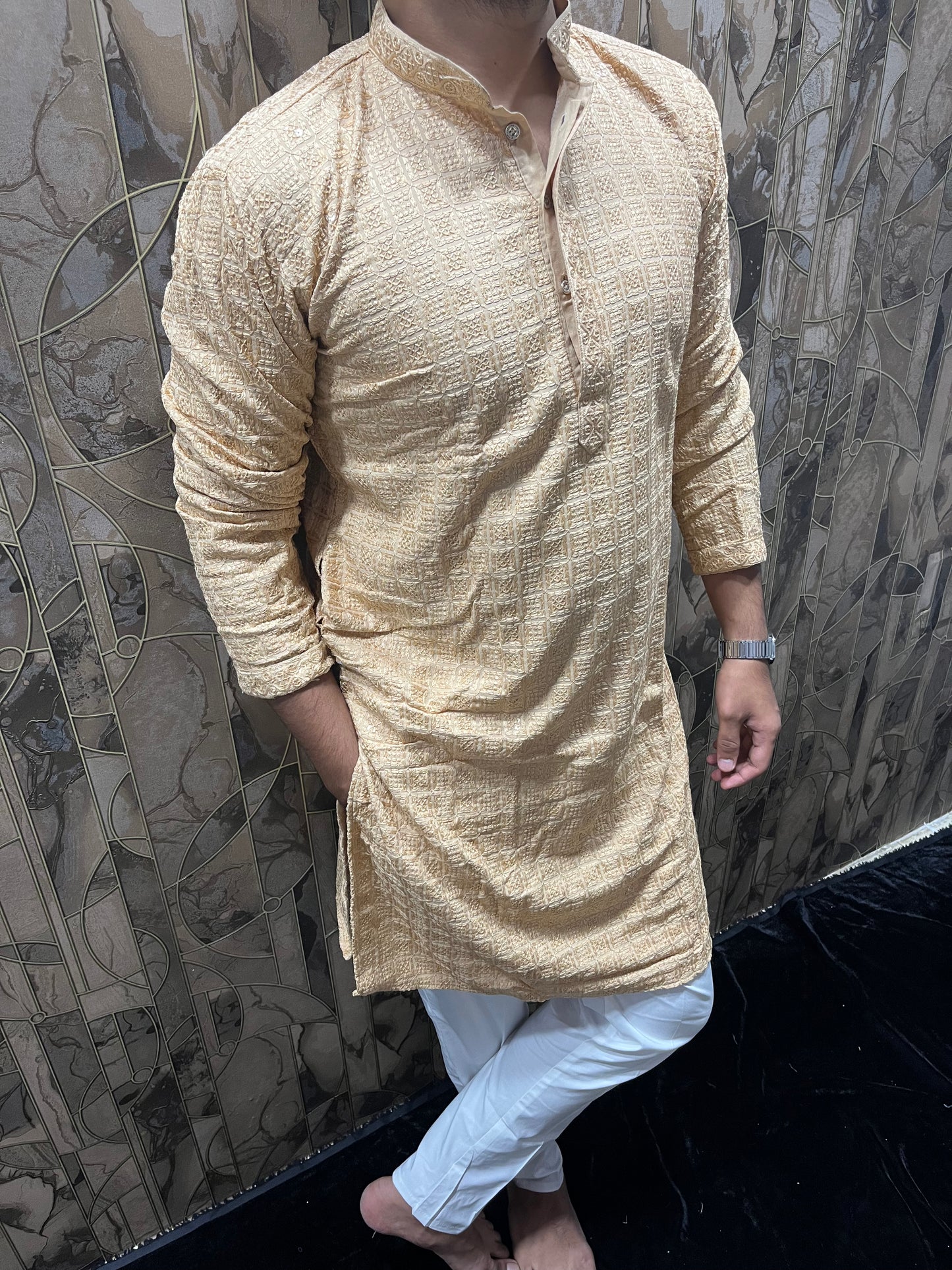 Men’s Chikan Skin Kurta – Elegant Sequence Work for Festive Wear A19