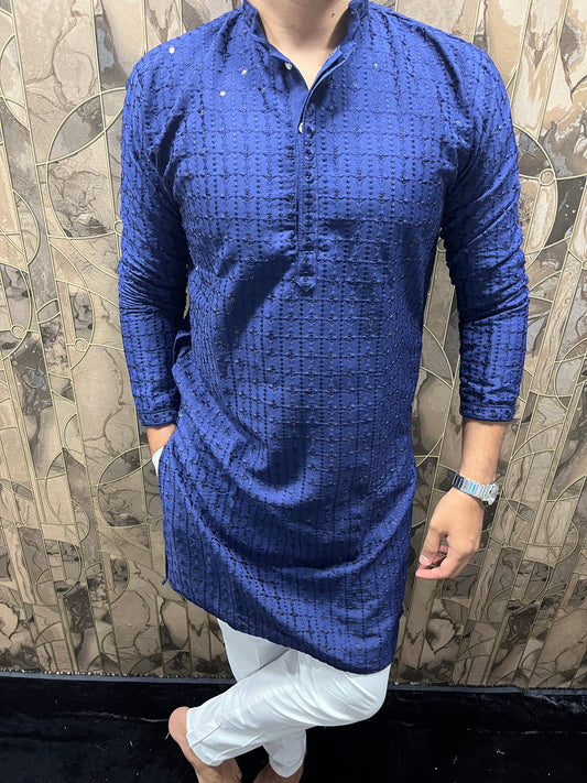 Men’s Chikan Navy Blue Kurta – Elegant Sequence Work for Festive Wear A21