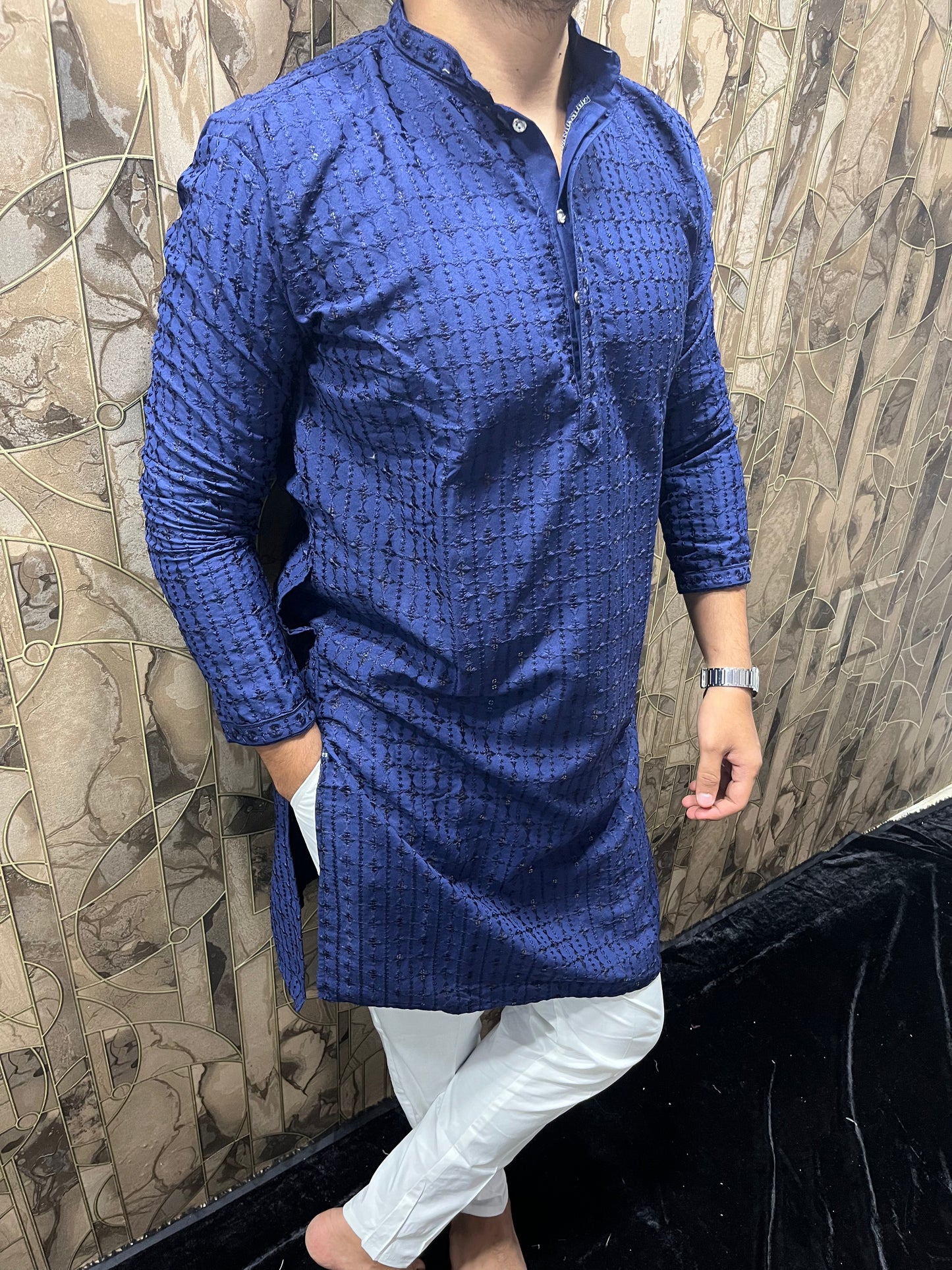 Men’s Chikan Navy Blue Kurta – Elegant Sequence Work for Festive Wear A21