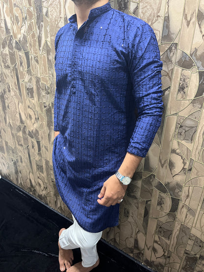 Men’s Chikan Navy Blue Kurta – Elegant Sequence Work for Festive Wear A21