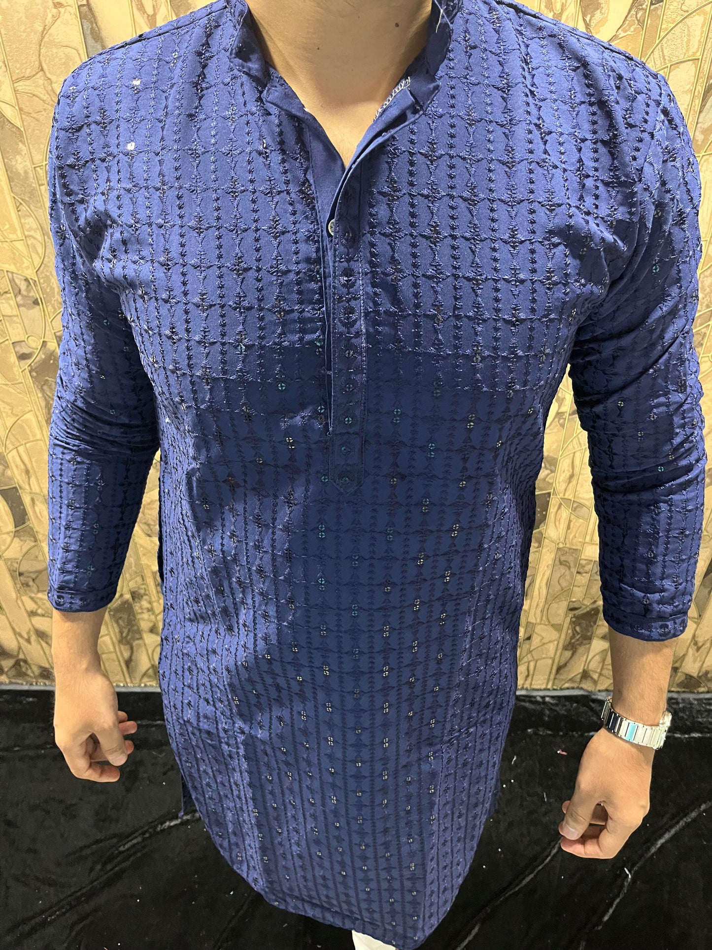 Men’s Chikan Navy Blue Kurta – Elegant Sequence Work for Festive Wear A21