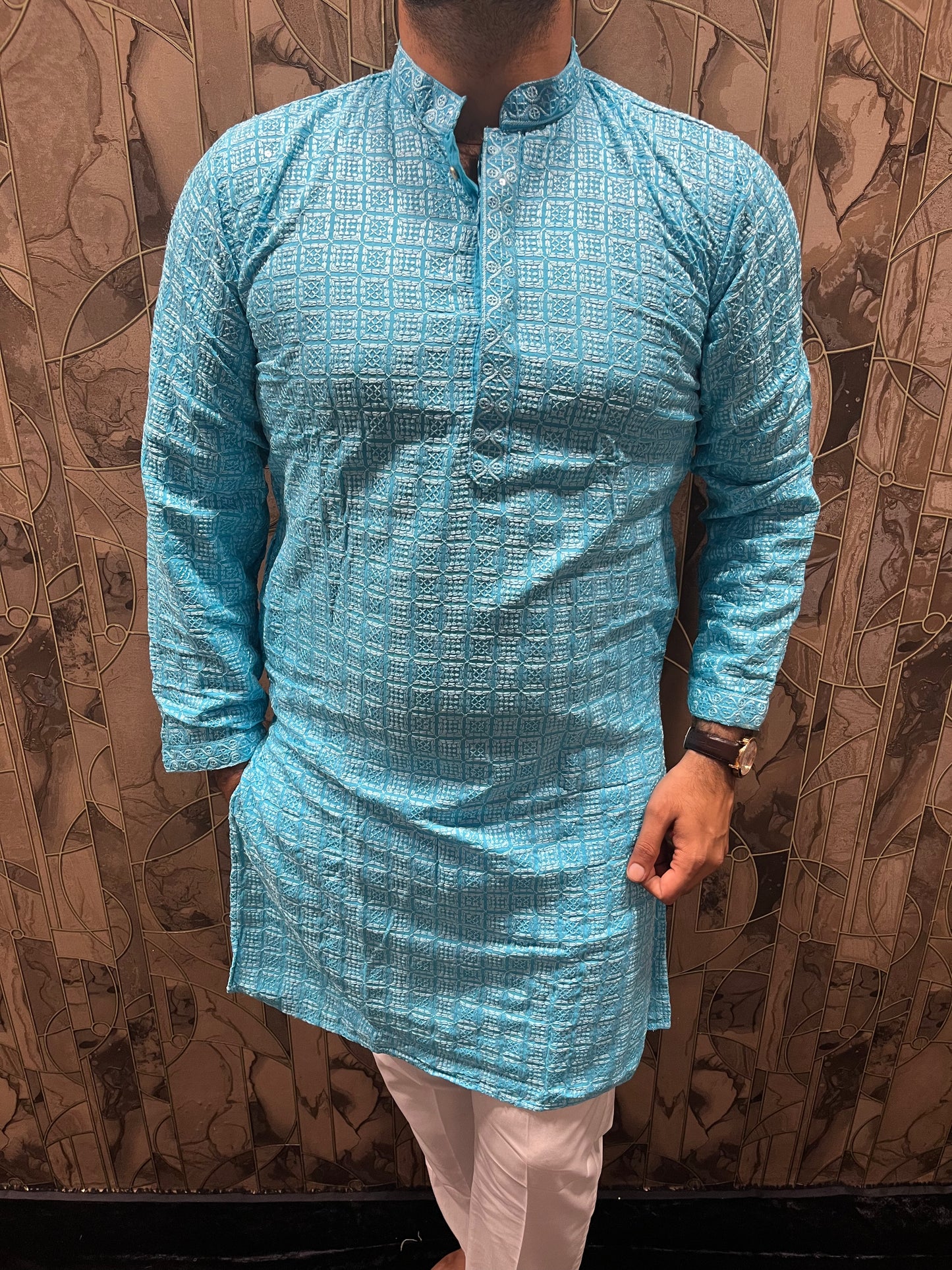 Men’s Chikan Light Blue Kurta – Elegant Sequence Work for Festive Wear A19