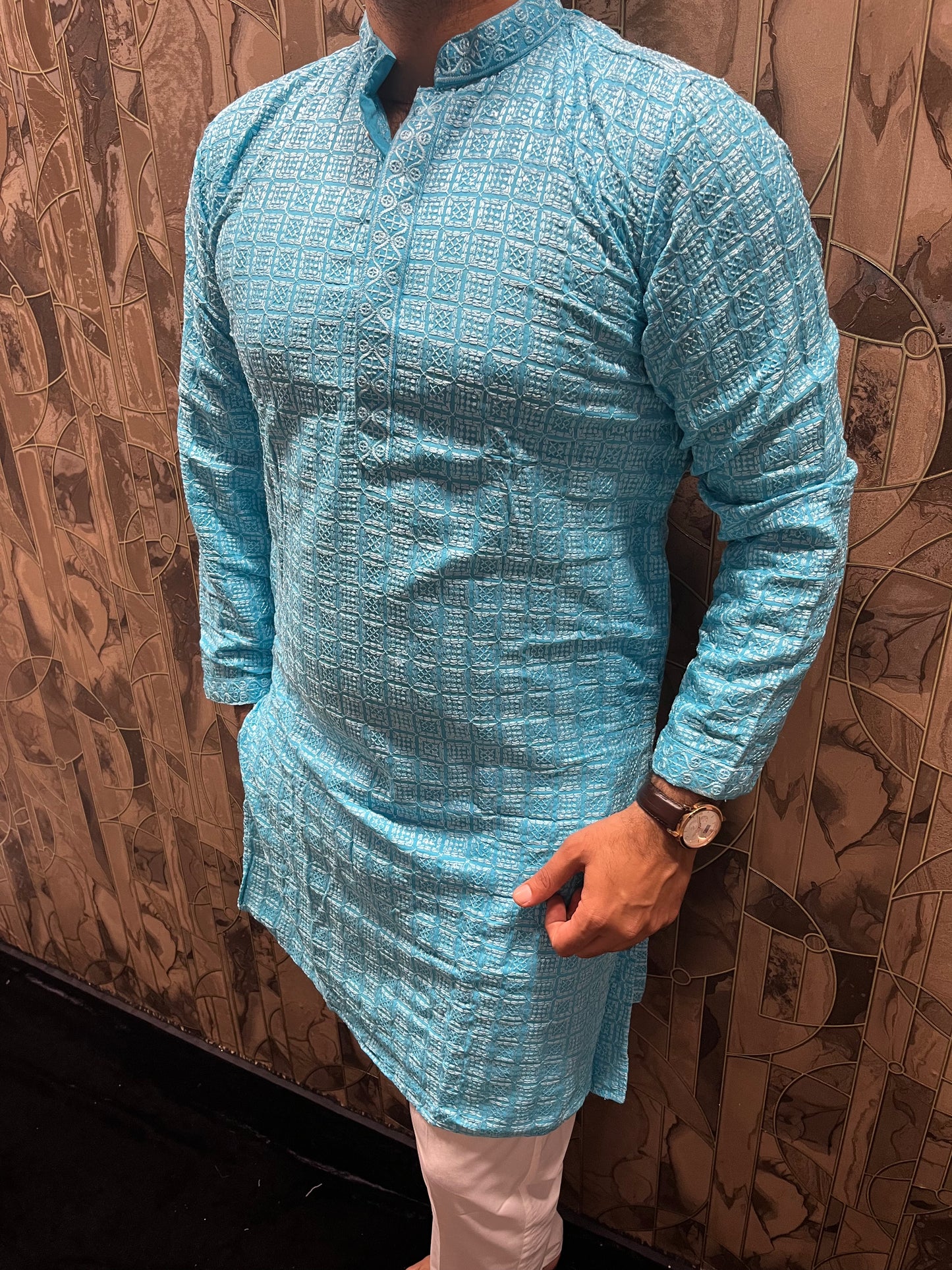 Men’s Chikan Light Blue Kurta – Elegant Sequence Work for Festive Wear A19