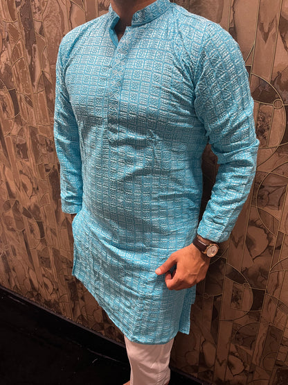 Men’s Chikan Light Blue Kurta – Elegant Sequence Work for Festive Wear A19