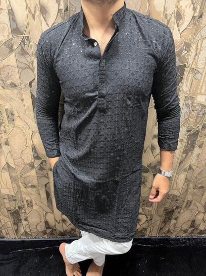 Men’s Chikan Black Kurta – Elegant Sequence Work for Festive Wear A20