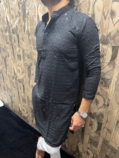 Men’s Chikan Black Kurta – Elegant Sequence Work for Festive Wear A20