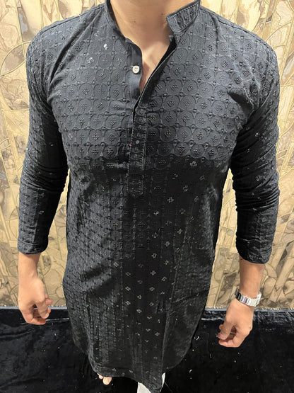 Men’s Chikan Black Kurta – Elegant Sequence Work for Festive Wear A20