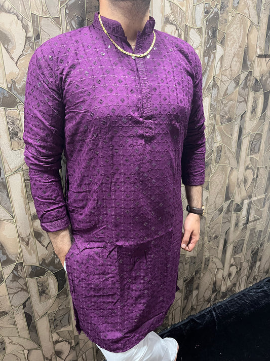 Men’s Chikan Purple Kurta – Elegant Sequence Work for Festive Wear A20