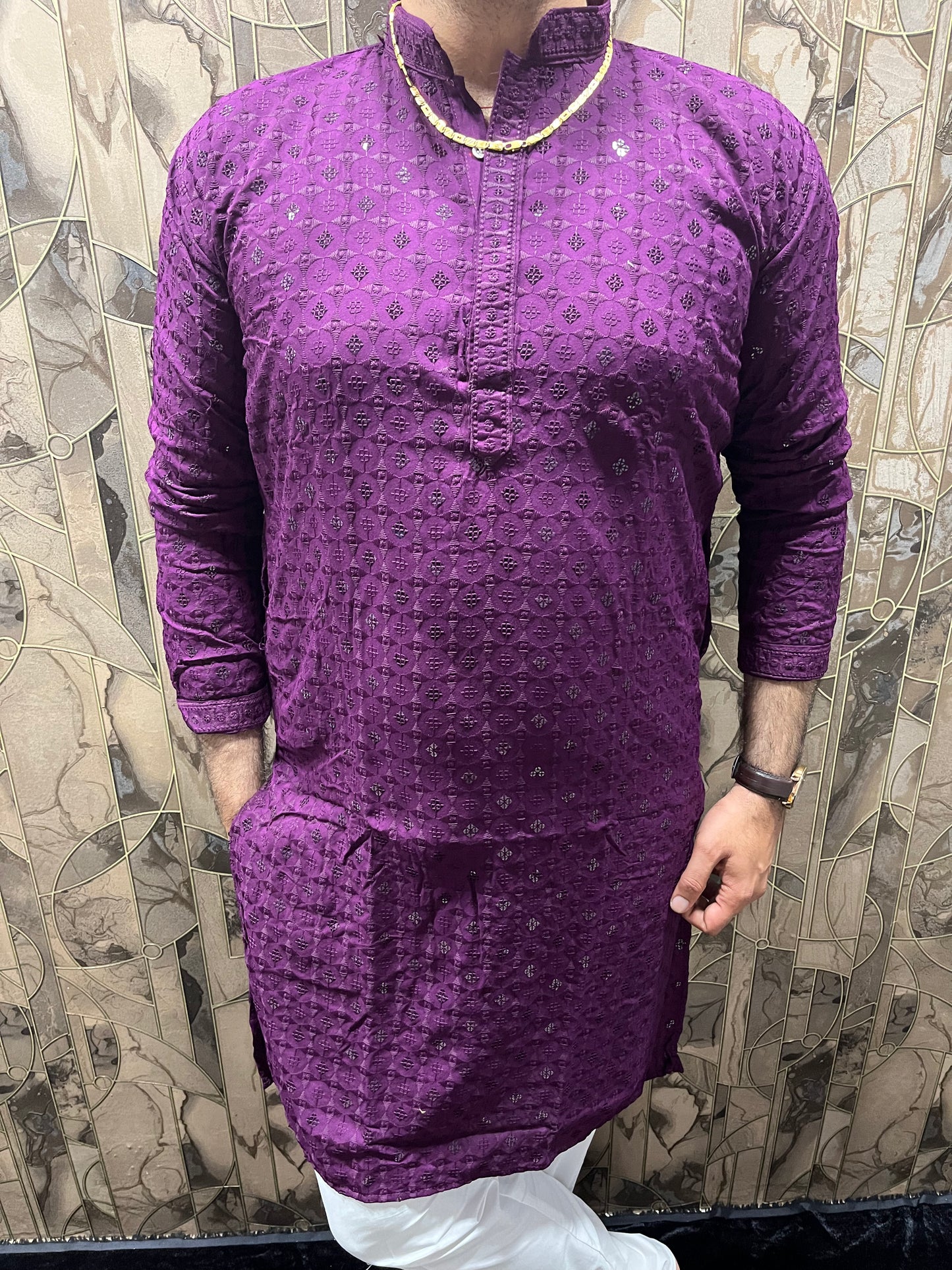 Men’s Chikan Purple Kurta – Elegant Sequence Work for Festive Wear A20