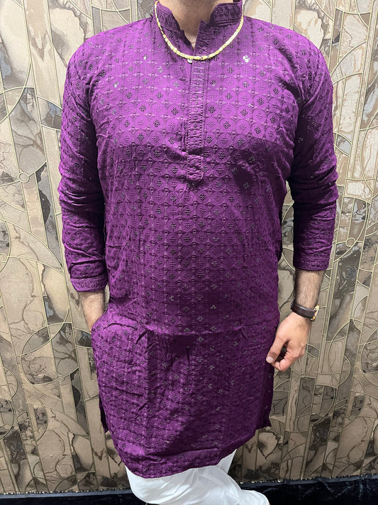 Men’s Chikan Purple Kurta – Elegant Sequence Work for Festive Wear A20