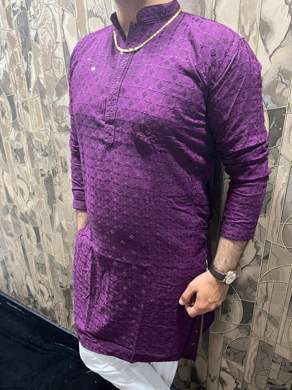 Men’s Chikan Purple Kurta – Elegant Sequence Work for Festive Wear A20