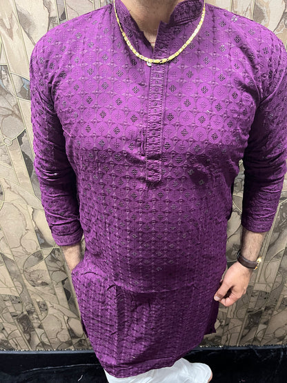 Men’s Chikan Purple Kurta – Elegant Sequence Work for Festive Wear A20