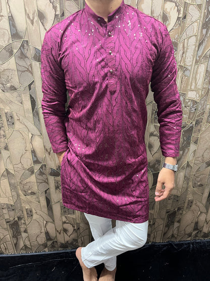 Elegant Cotton Burgundy Kurta with Subtle Sequin Detailing – Festive & Casual Wear - A1