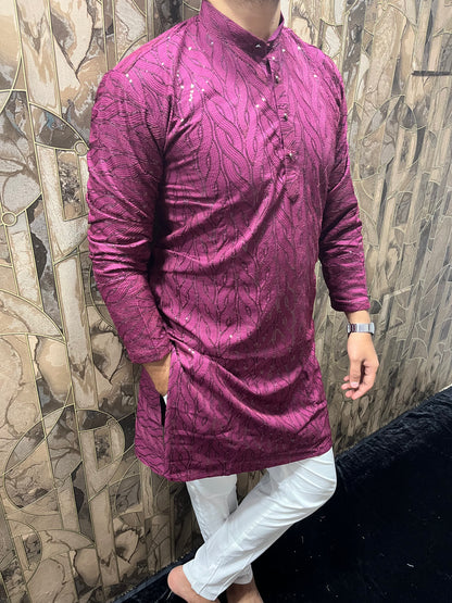 Elegant Cotton Burgundy Kurta with Subtle Sequin Detailing – Festive & Casual Wear - A1