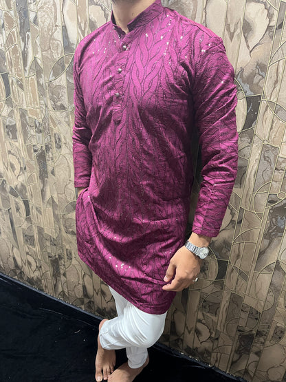 Elegant Cotton Burgundy Kurta with Subtle Sequin Detailing – Festive & Casual Wear - A1