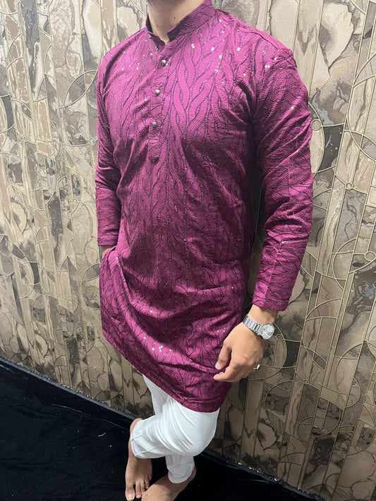 Elegant Cotton Burgundy Kurta with Subtle Sequin Detailing – Festive & Casual Wear - A1